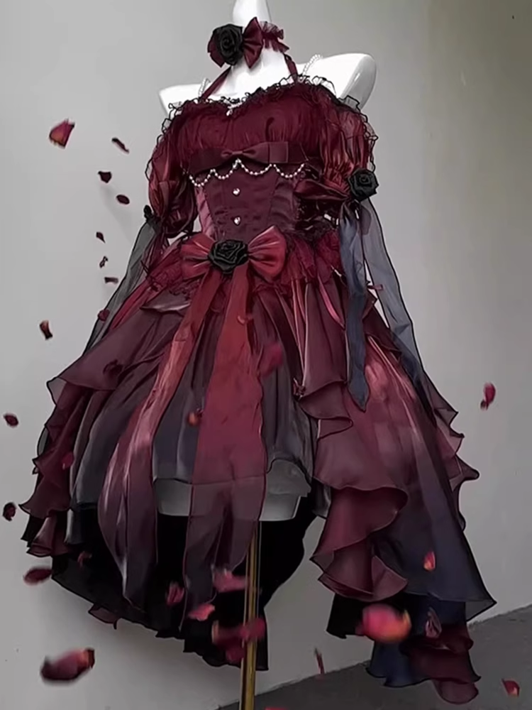 Chic High Low Halter Burgundy Organza Party Dress Birthday Outfits Main image