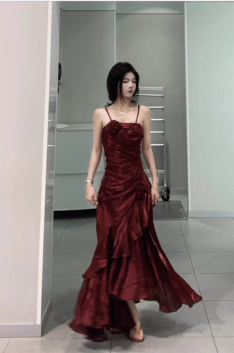 Chic High Low Spaghetti Straps Burgundy Long Birthday Dress Birthday Outfits Secondary image