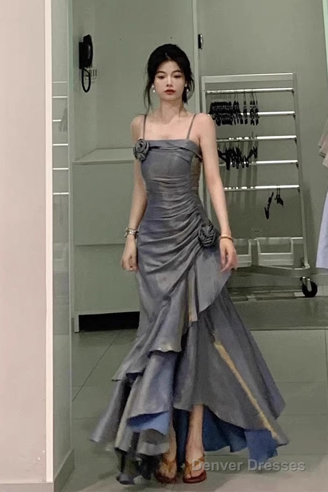 Chic High Low Spaghetti Straps Gray Blue Long Party Dresses Birthday Outfits Secondary image