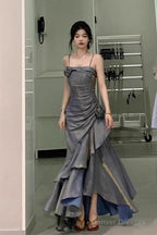 Chic High Low Spaghetti Straps Gray Blue Long Party Dresses Birthday Outfits