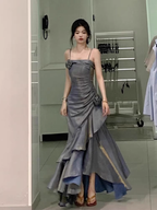 Chic High Low Spaghetti Straps Gray Blue Long Party Dress Birthday Outfits