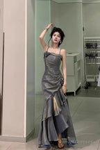 Chic High Low Spaghetti Straps Gray Blue Long Party Dresses Birthday Outfits