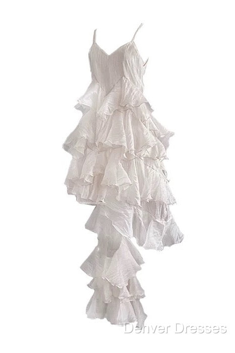 Chic High Low Spaghetti Straps Prom Dress Birthday Dress With Ruffles