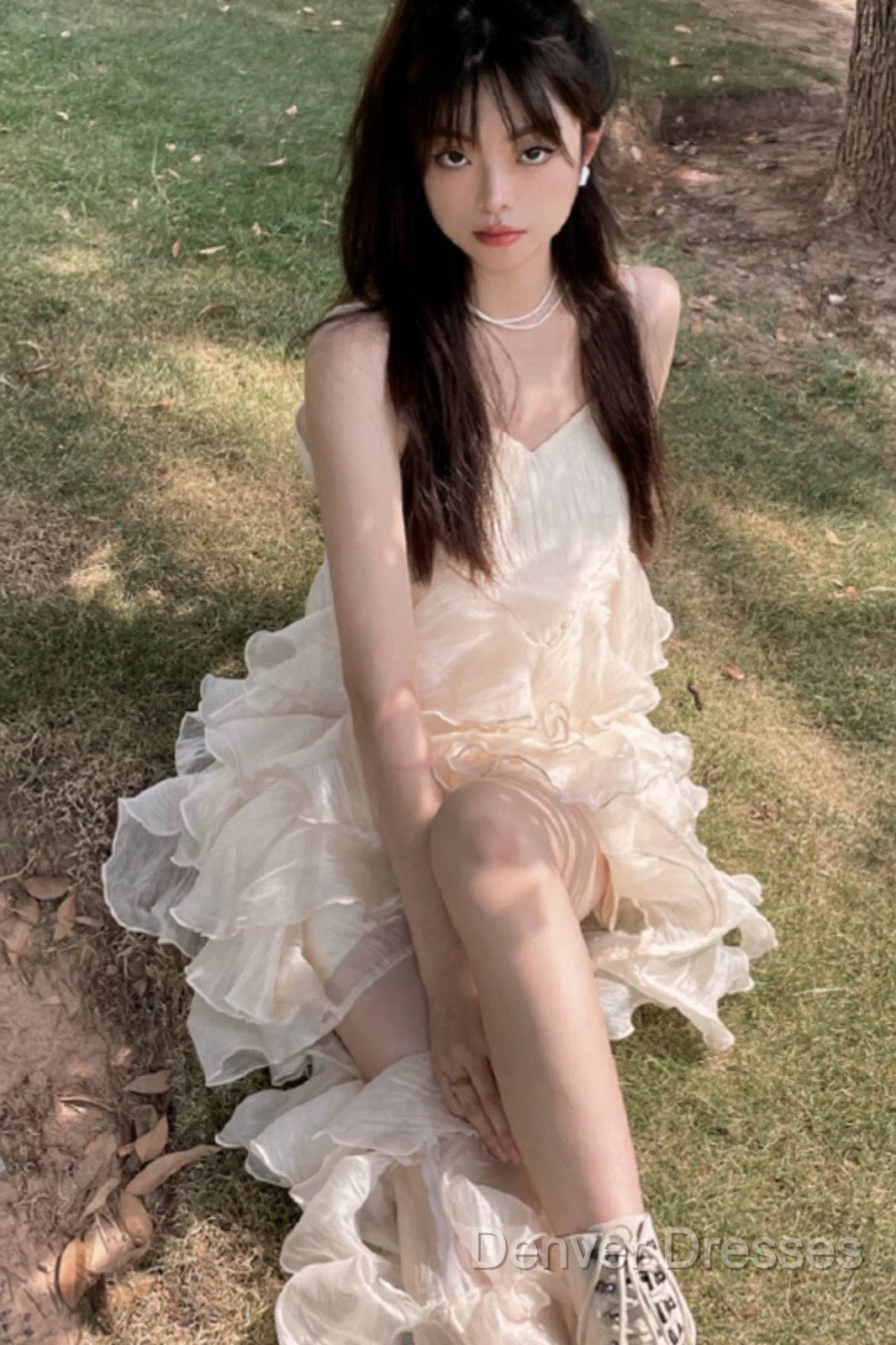 Chic High Low Spaghetti Straps Prom Dress Birthday Dress With Ruffles