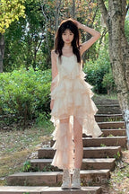 Chic High Low Spaghetti Straps Prom Dress Birthday Dress With Ruffles