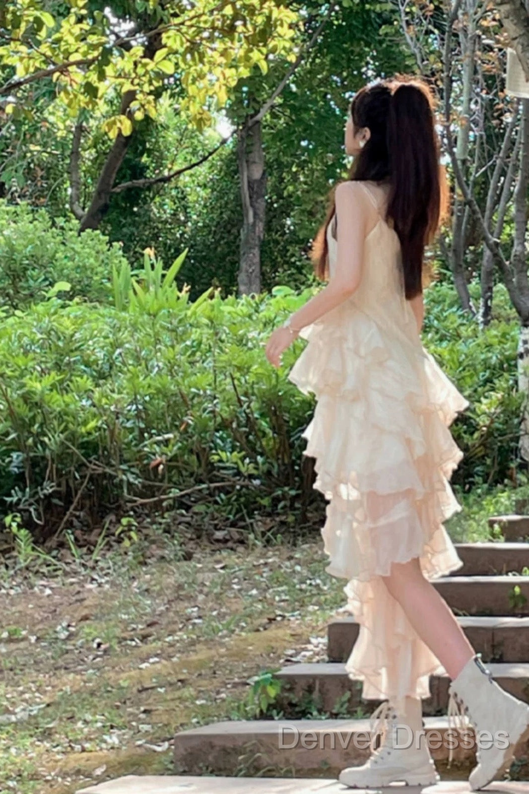 Chic High Low Spaghetti Straps Prom Dress Birthday Dress With Ruffles