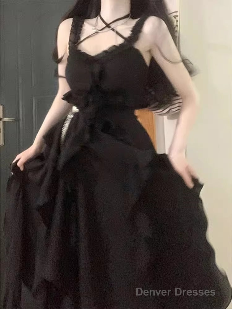Chic High Low Straps Black Chiffon Ruffles Long Prom Dresses Birthday Outfits Main image