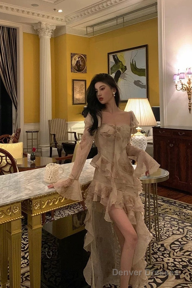 Chic High Low Sweetheart Long Sleeves Floral Ruffles Chiffon Prom Dresses Birthday Outfits