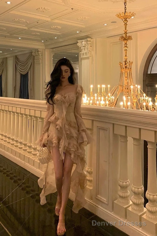 Chic High Low Sweetheart Long Sleeves Floral Ruffles Chiffon Prom Dresses Birthday Outfits