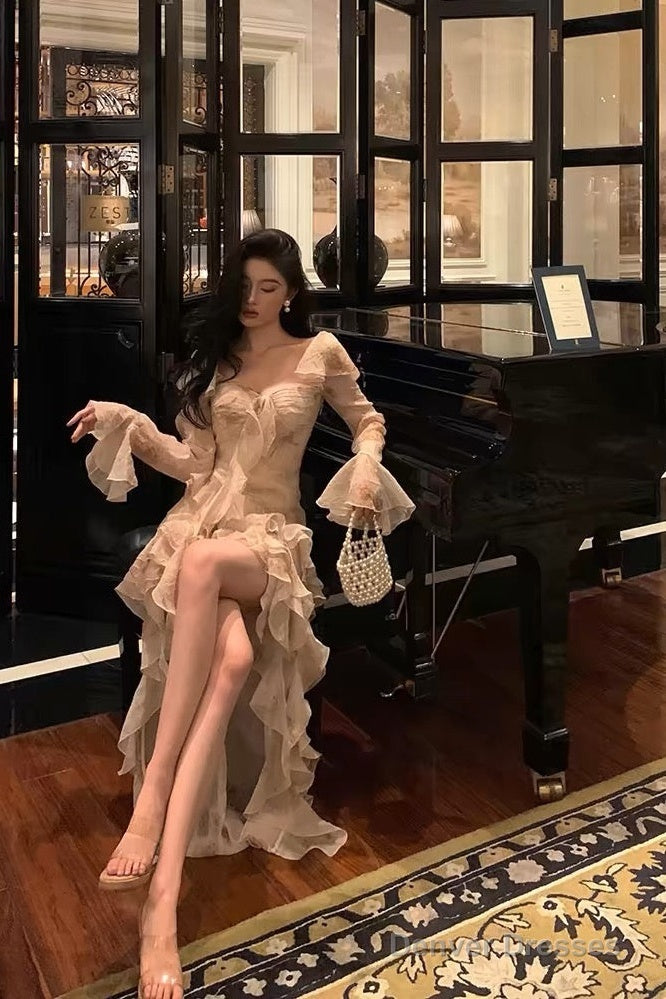 Chic High Low Sweetheart Long Sleeves Floral Ruffles Chiffon Prom Dresses Birthday Outfits Main image