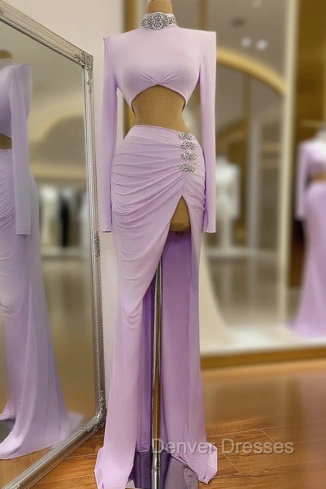 Chic High Split Long Sleeve Prom Dress Mermaid High Neck Online Main image