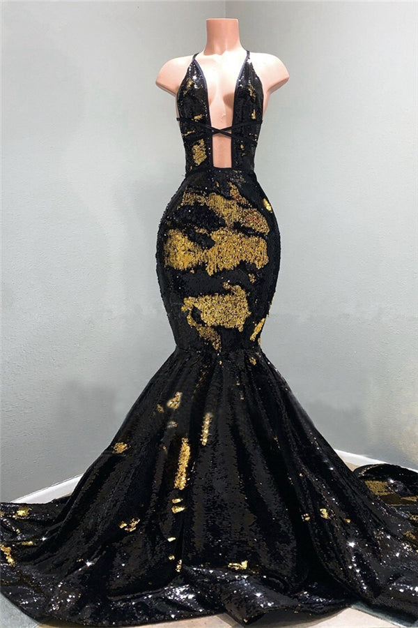 Chic Hollow Neckline Gold And Black Long Train Mermaid Evening Dresses