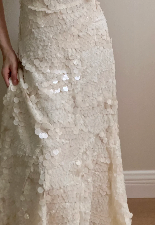 Chic Ivory Fitted Spaghetti Strap Sequined Long Prom Dress Evening Dress Bridesmaid Dress