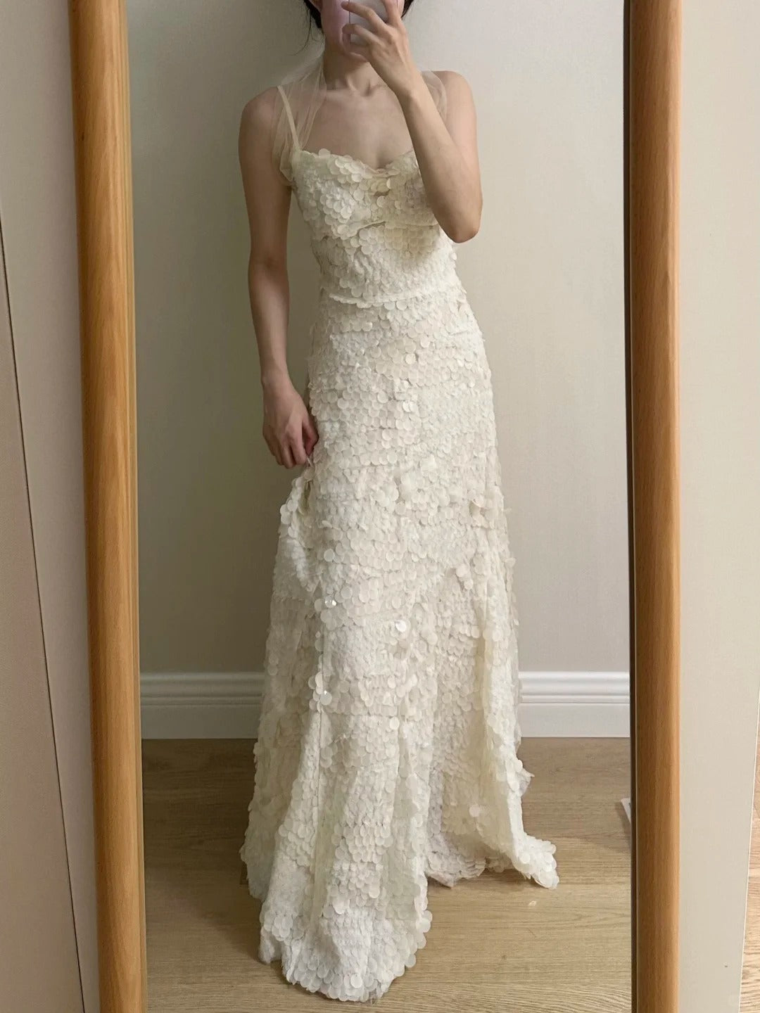 Chic Ivory Fitted Spaghetti Strap Sequined Long Prom Dress Evening Dress Bridesmaid Dress