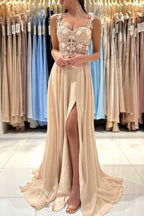 Chic Lace Sleeveless Prom Dress With Slit Long Champagne