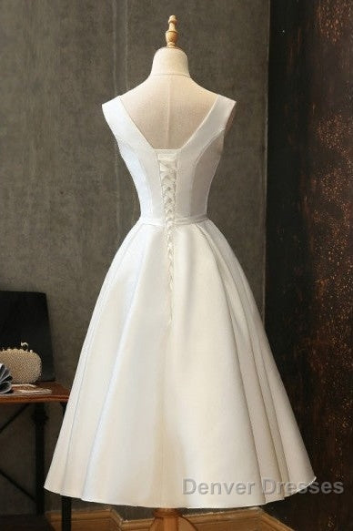 Chic Lace Up Tea Length Vintage Satin Ivory Wedding Dress Secondary image