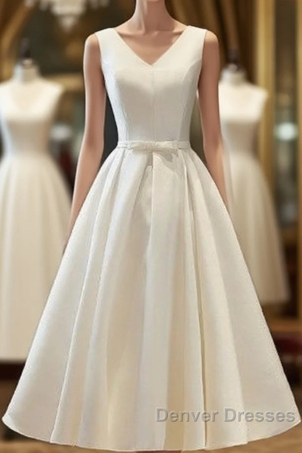 Chic Lace Up Tea Length Vintage Satin Ivory Wedding Dress Main image
