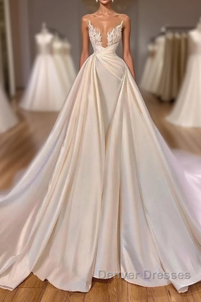 Chic Long A-line Cathedral Sleeveless V-neck Satin Wedding Dress Main image