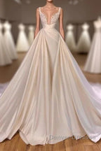 Chic Long A-line Sleeveless Spaghetti Strap Cathedral V-neck Satin Lace Wedding Dress