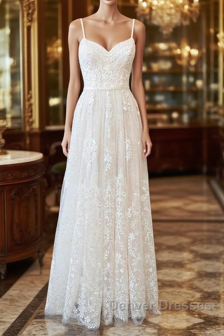 Chic Long A-line Sweetheart Spaghetti Strap Appliques Tulle Wedding Dress Main image