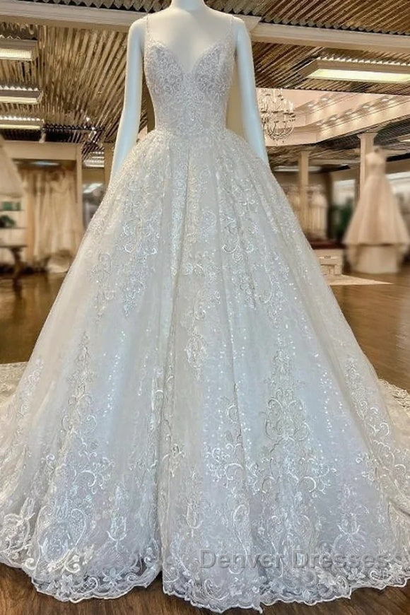 Chic Long A-line V-neck Floral Lace Open Back Wedding Dress