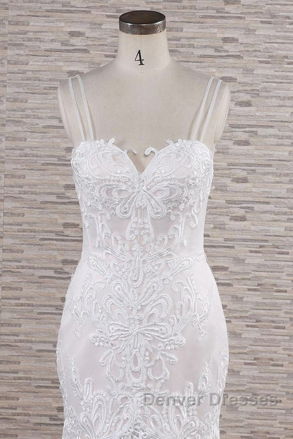 Chic Long Mermaid Sweetheart Spaghetti Strap Appliques Lace Wedding Dress