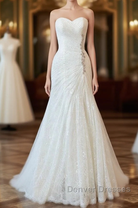 Chic Long Sheath Strapless Ruffle Lace Wedding Dress