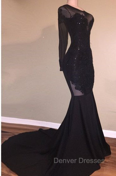 Chic Mermaid Black Long-Sleeves Backless Appliques Prom Party Gowns Secondary image