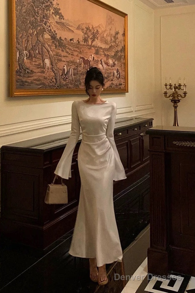 Chic Mermaid Boat Neckline Long Sleeves Silk Satin Prom Dresses Birthday Dress Secondary image