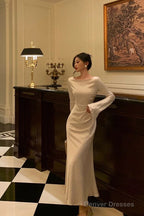Chic Mermaid Boat Neckline Long Sleeves Silk Satin Prom Dresses Birthday Dress