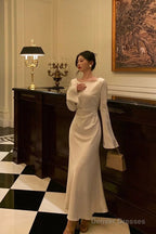 Chic Mermaid Boat Neckline Long Sleeves Silk Satin Prom Dresses Birthday Dress