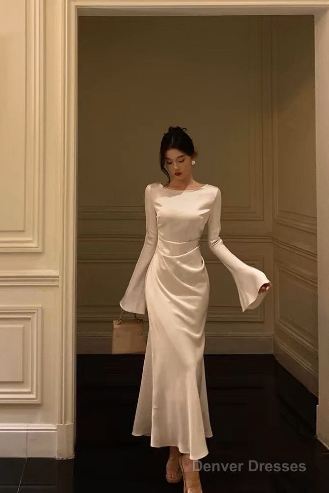 Chic Mermaid Boat Neckline Long Sleeves Silk Satin Prom Dresses Birthday Dress