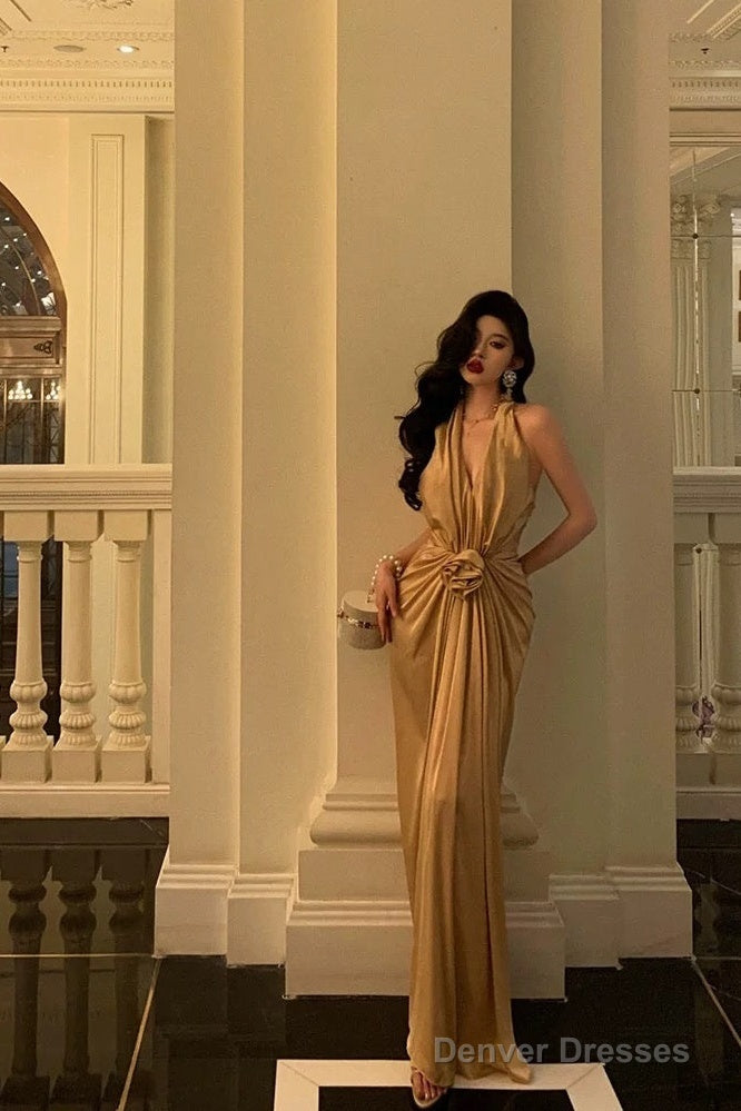 Chic Mermaid Halter Gold Long Ruffles Prom Dresses Birthday Dress Secondary image
