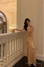 Chic Mermaid Halter Gold Long Ruffles Prom Dresses Birthday Dress