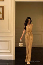 Chic Mermaid Halter Gold Long Ruffles Prom Dresses Birthday Dress