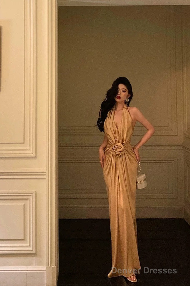 Chic Mermaid Halter Gold Long Ruffles Prom Dresses Birthday Dress Main image