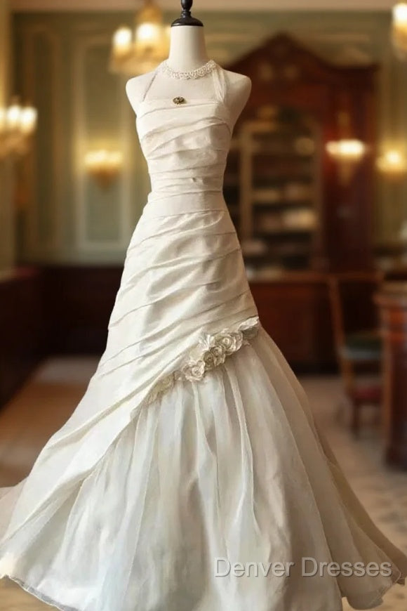 Chic Mermaid Halter Satin Ivory Long Wedding Dress Bridal Dress Main image
