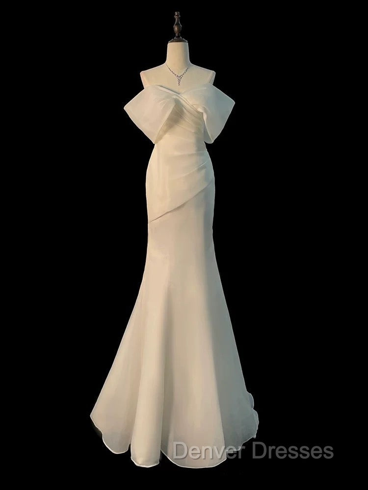 Chic Mermaid Off The Shoulder Short Sleeves Ivory Chiffon Wedding Dress With Ruffles