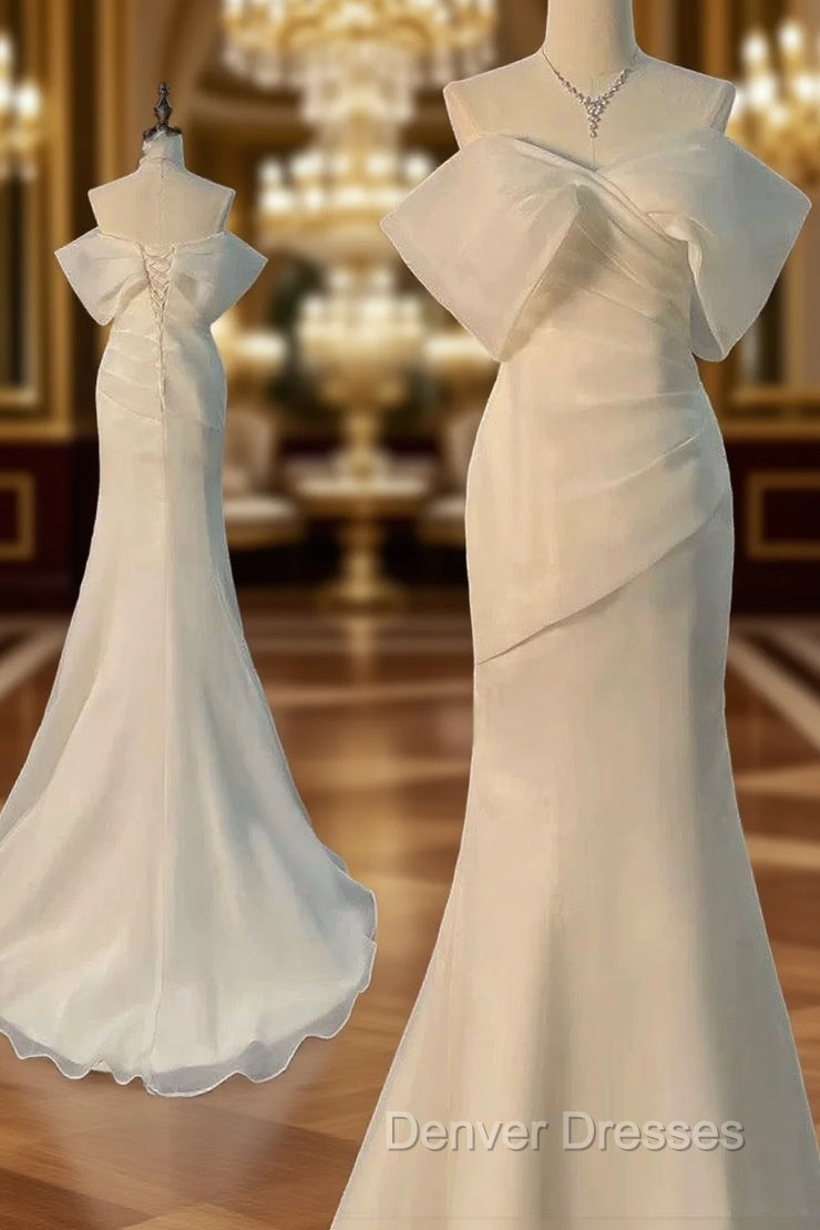 Chic Mermaid Off The Shoulder Short Sleeves Ivory Chiffon Wedding Dress With Ruffles