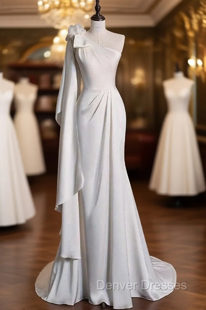 Chic Mermaid One Shoulder Sleeveless Ivory Chiffon Wedding Dress With Flowers Main image