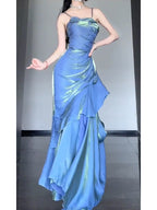 Chic Mermaid Spaghetti Straps Blue Long Prom Dress Birthday Dress Birthday Outfits