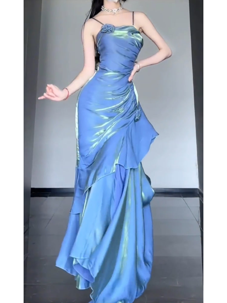 Chic Mermaid Spaghetti Straps Blue Long Prom Dress Birthday Dress Birthday Outfits
