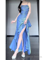 Chic Mermaid Spaghetti Straps Blue Long Prom Dress Birthday Dresses Birthday Outfits