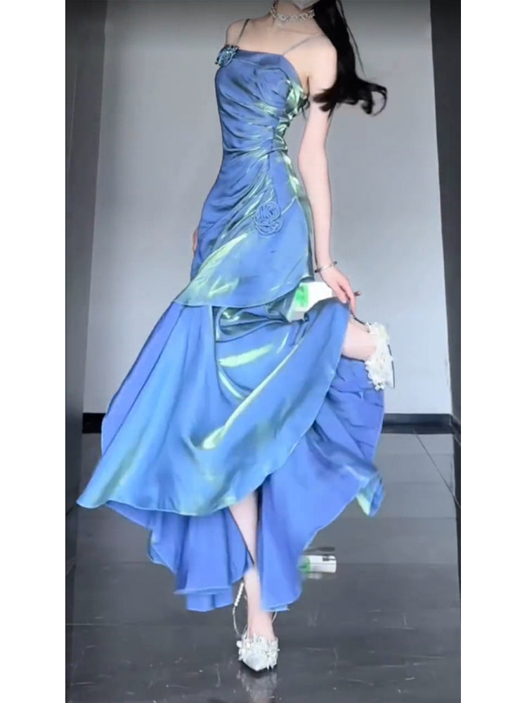 Chic Mermaid Spaghetti Straps Blue Long Prom Dress Birthday Dress Birthday Outfits Main image