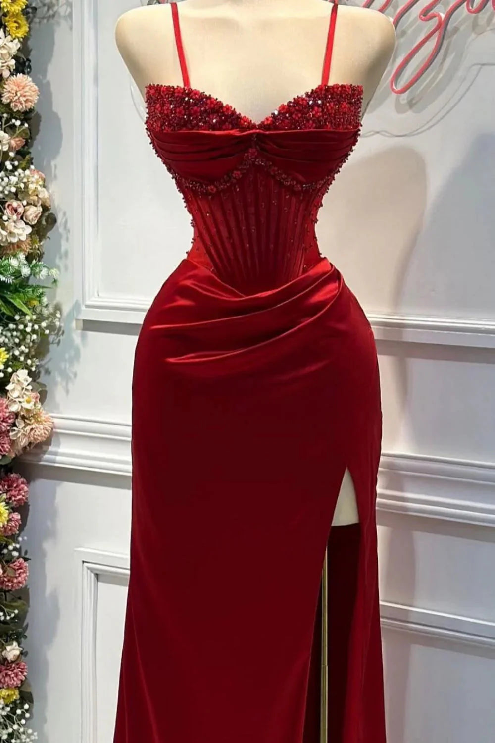 Chic Mermaid Spaghetti StrapsSatin  Long Formal Dress With Beading Wedding Guest Dress Main image