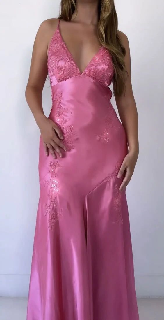 Chic Mermaid Spaghetti Straps Pink Satin Evening Dress Long Prom Dress Main image