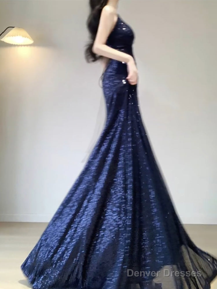 Chic Mermaid Spaghetti Straps Sequin Blue Prom Dress Birthday Dresses Birthday Outfits Secondary image