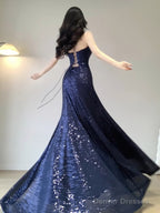 Chic Mermaid Spaghetti Straps Sequin Blue Prom Dress Birthday Dresses Birthday Outfits