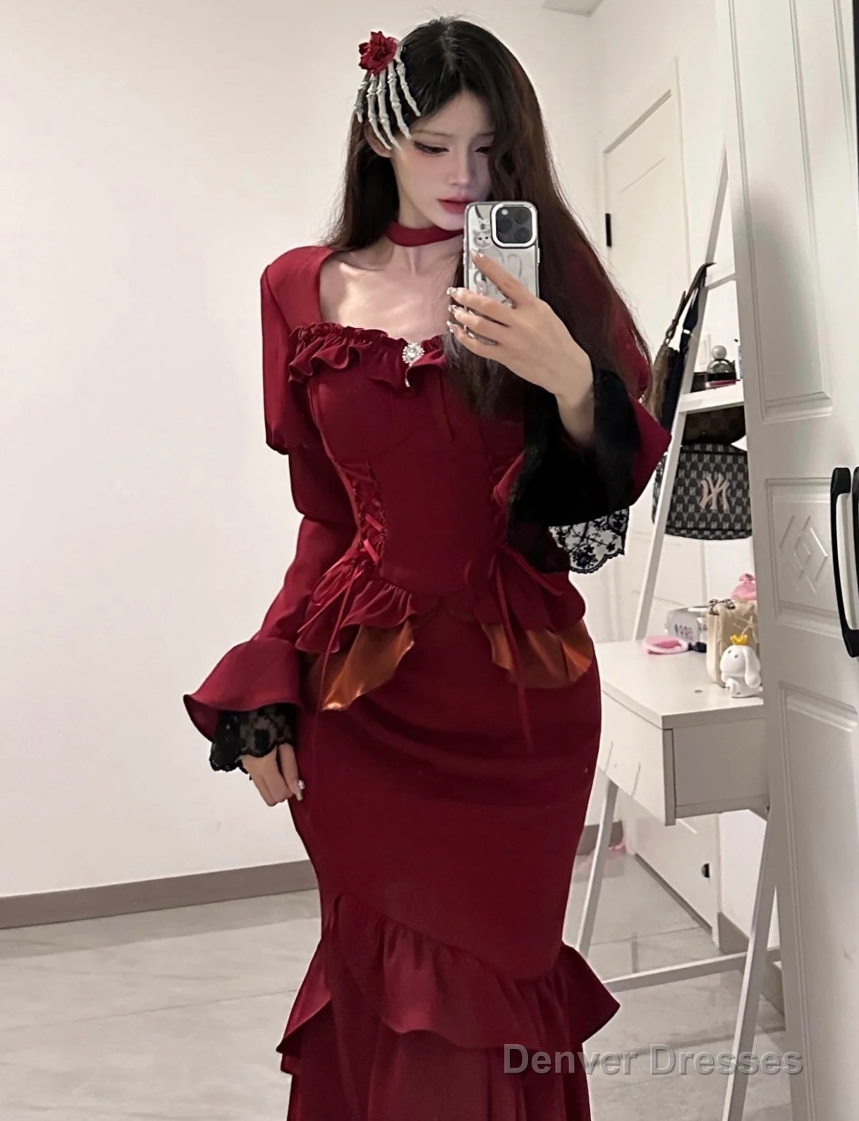 Chic Mermaid Square Neckline Christmas Dress Burgundy Birthday Dresses Birthday Outfits Secondary image