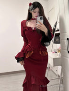 Chic Mermaid Square Neckline Christmas Dress Burgundy Birthday Dresses Birthday Outfits